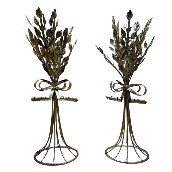 Vintage Gold Metal Candle Holders Set Of 2 - Wheat Design Floral Motif With Bow - Picture 2 of 9